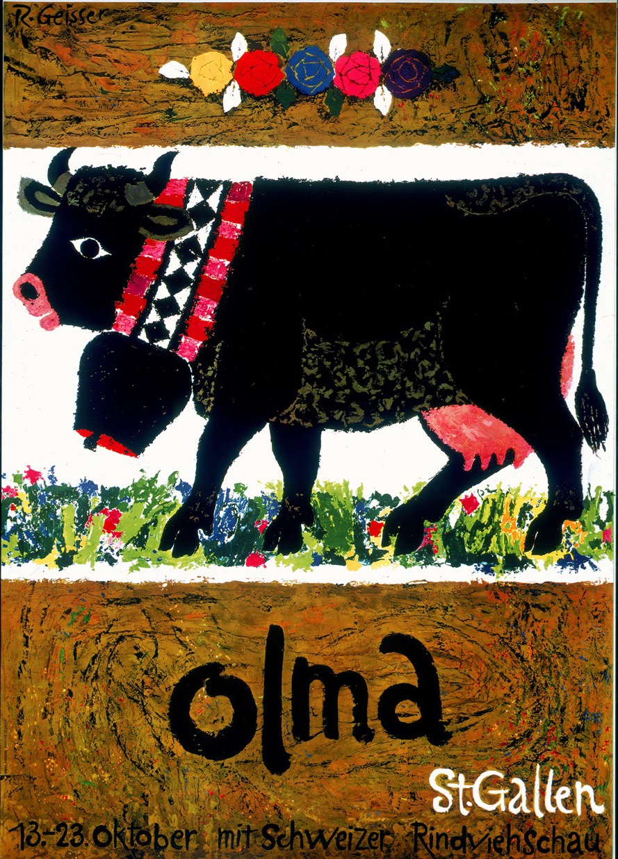 OLMA-Plakat 1960 vo Robert Geisser: e schwarzi Chue mit Glogge vor eme Blueme-Streife, drunder «olma St. Gallen».