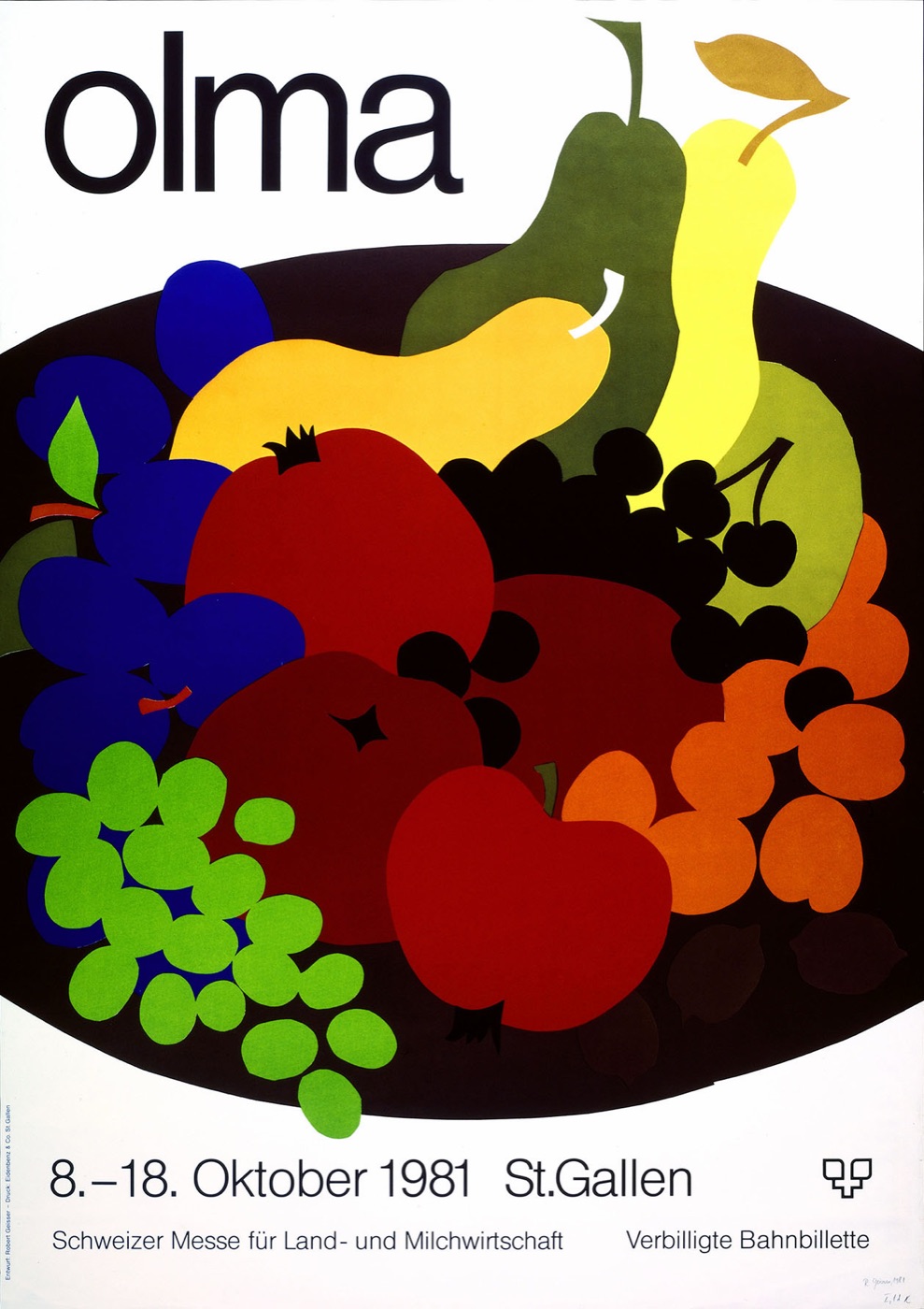 OLMA-Plakat 1981 vo Robert Geisser: e farbigi Frucht-Schale mit Birne, Trube und Öpfel.